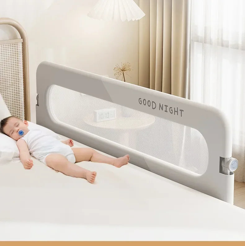 Nova Mart IMBABY Baby Bed Rail Guard, adjustable safety barrier with mesh sides to prevent falls in a baby safety bed.