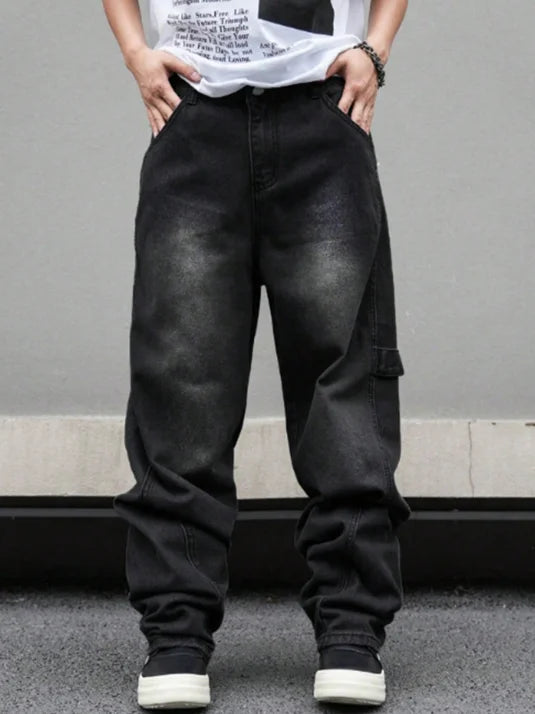Men's Nova Mart micro flared wide leg jeans with loose straight fit and pleated denim design, showcasing stylish men's fashion.