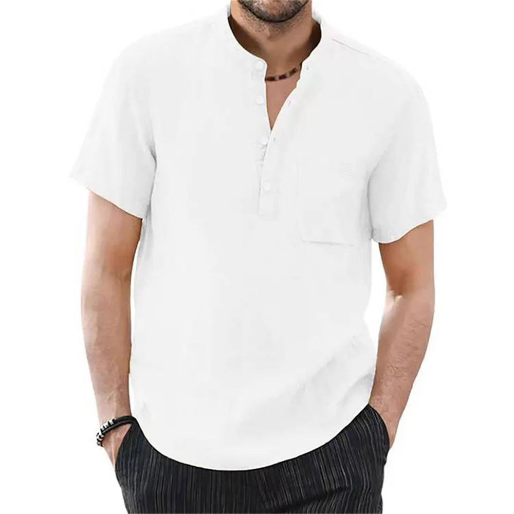 Men's cotton linen short sleeve T-shirt by Nova Mart in solid color, breathable summer casual shirt, relaxed fit and lightweight fabric