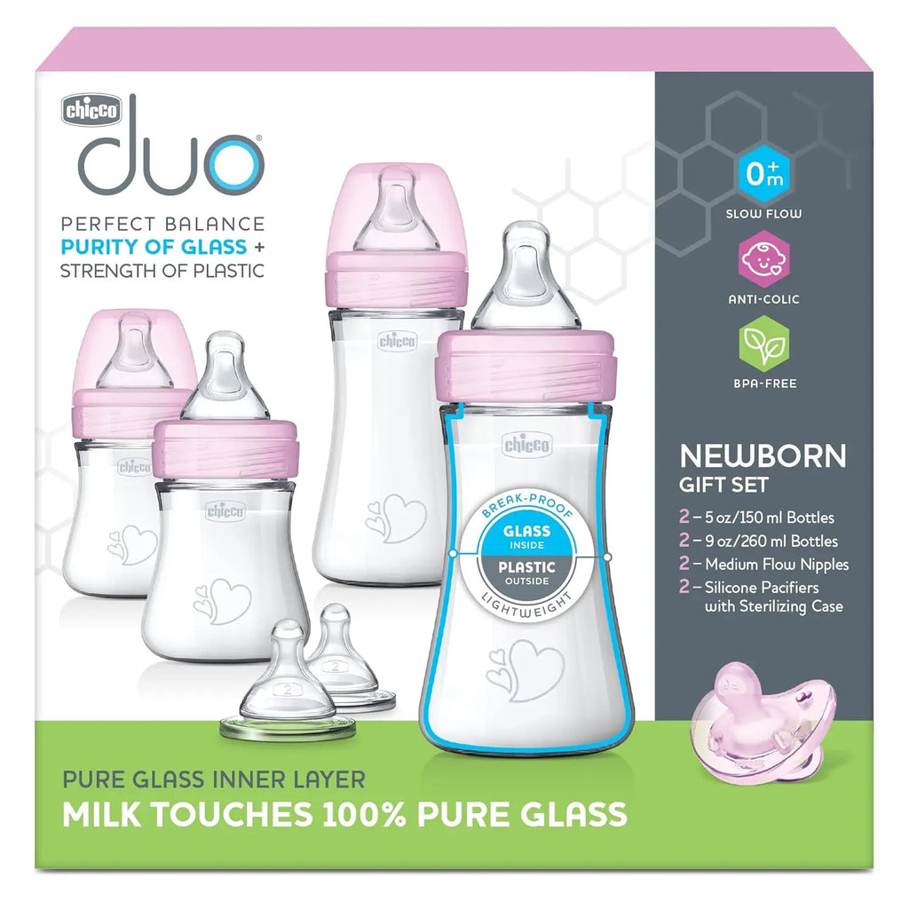 Hybrid baby bottle set by Nova Mart with clear glass inside and pink plastic outside, dishwasher and sterilizer safe.