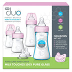 Hybrid baby bottle set by Nova Mart with clear glass inside and pink plastic outside, dishwasher and sterilizer safe.