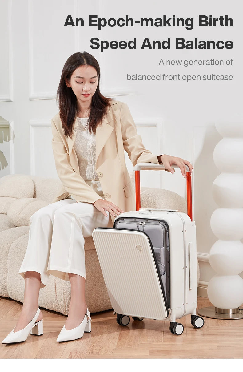 Nova Mart Mixi PC aluminum frame trolley case with laptop pocket, durable luggage featuring a sleek design and sturdy handle.
