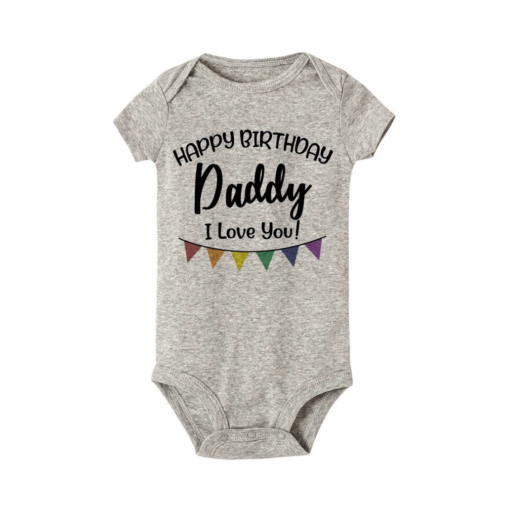 Baby bodysuit by Nova Mart featuring "Happy Birthday Daddy" print, short sleeves, perfect for summer baby wear.