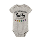 Baby bodysuit by Nova Mart featuring "Happy Birthday Daddy" print, short sleeves, perfect for summer baby wear.