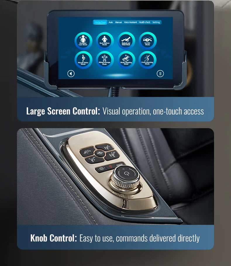 Nova Mart 4D Zero Gravity Massage Chair with voice control and Bluetooth, showcasing its sleek design and control panel.