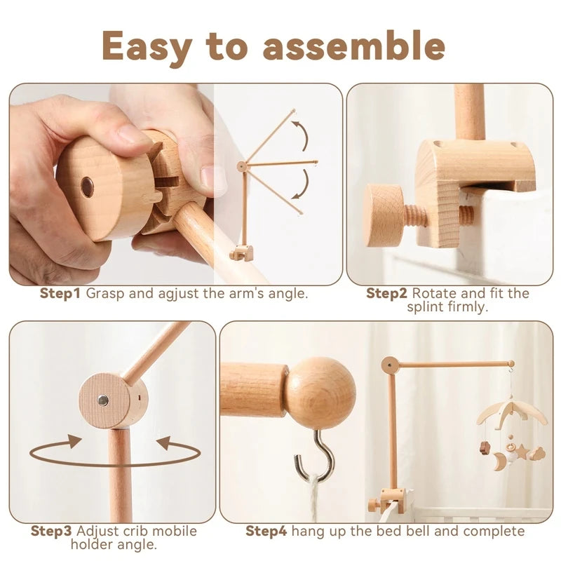 Wooden baby crib rattle toy with crochet bed bell bracket for infants 0-12 months, designed by Nova Mart.