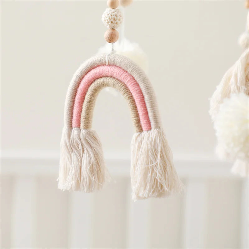 Wooden baby crib mobile by Nova Mart with animal felt dolls and music, featuring a charming wind chime design for nursery decoration