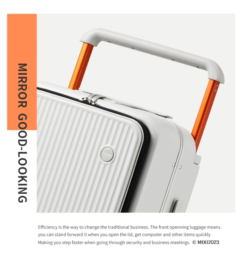 Nova Mart Mixi PC aluminum trolley case with laptop pocket, black luggage with sturdy frame and handle for travel.