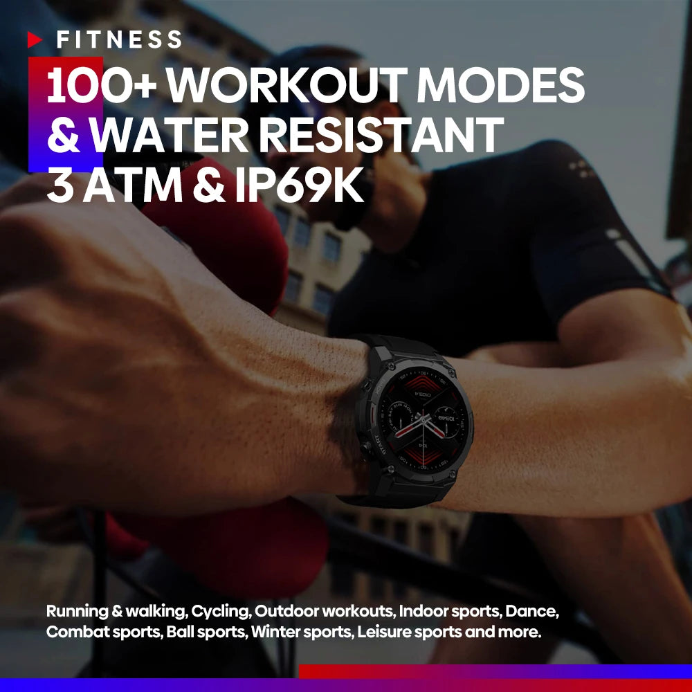 Smart watch displaying an AMOLED screen, with a sleek design and military-grade build, from Zeblaze Vibe 7 Pro series.
