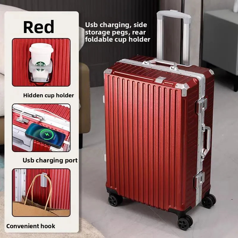 Silver aluminum frame hardcase luggage with universal wheels, durable travel suitcase by Nova Mart.