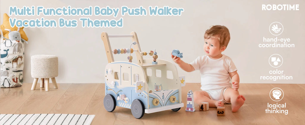 Robotime wooden baby walker with wheels, suitable for boys and girls, designed for early walking development.