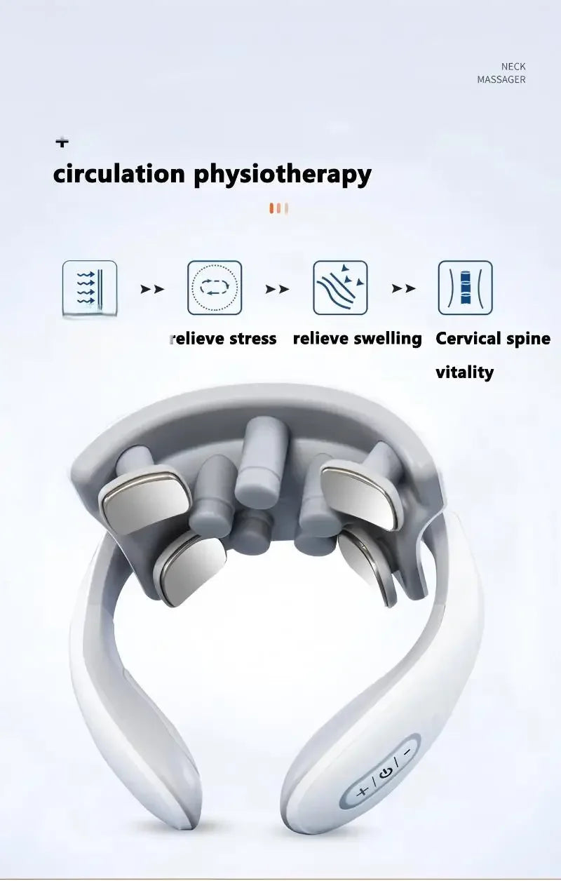 Smart back and neck massager by Nova Mart for cervical pain relief, showing ergonomic design with adjustable straps and massage nodes.