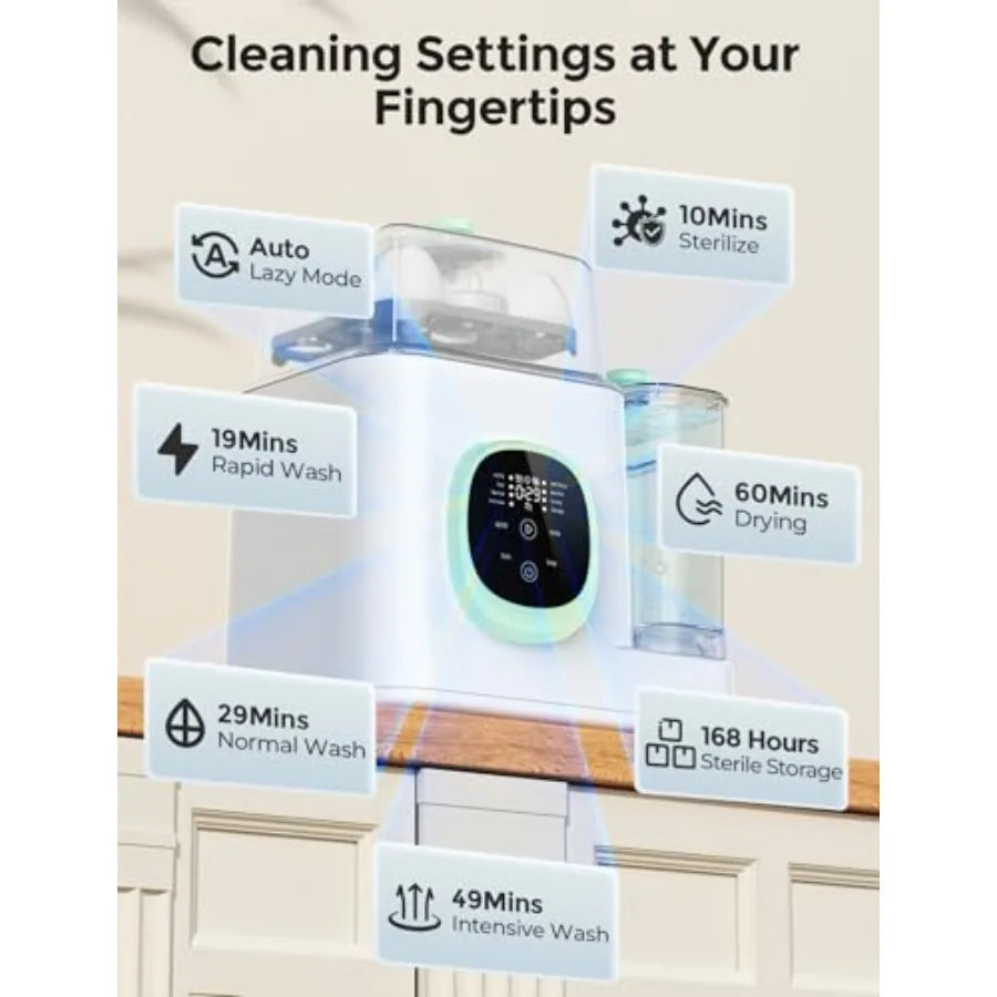 Nova Mart baby bottle washer, sterilizer, and dryer machine with digital controls and compact design for quick 19-minute cleaning.