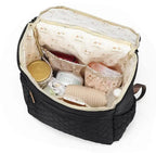 Denim baby diaper bag backpack with thermal bottle pocket by Nova Mart, showing multiple compartments and adjustable straps.