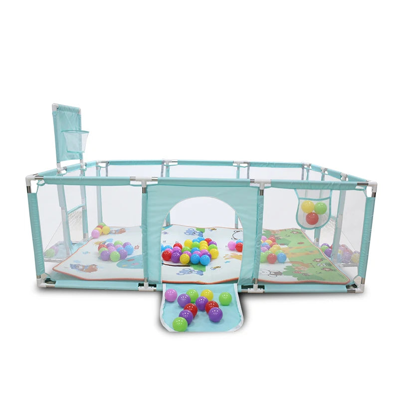 Baby playground playpen with steel pipes and ball box, designed for safe play and entertainment for infants.