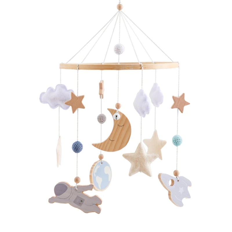 Wooden wind chime baby crib mobile by Nova Mart with animal felt dolls and hanging musical elements for nursery decor.