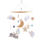 Wooden wind chime baby crib mobile by Nova Mart with animal felt dolls and hanging musical elements for nursery decor.