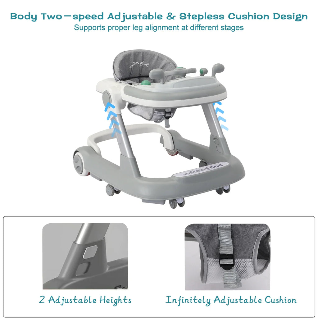 Foldable baby activity walker with feeding tray and music tray by Nova Mart, featuring colorful design and sturdy frame.