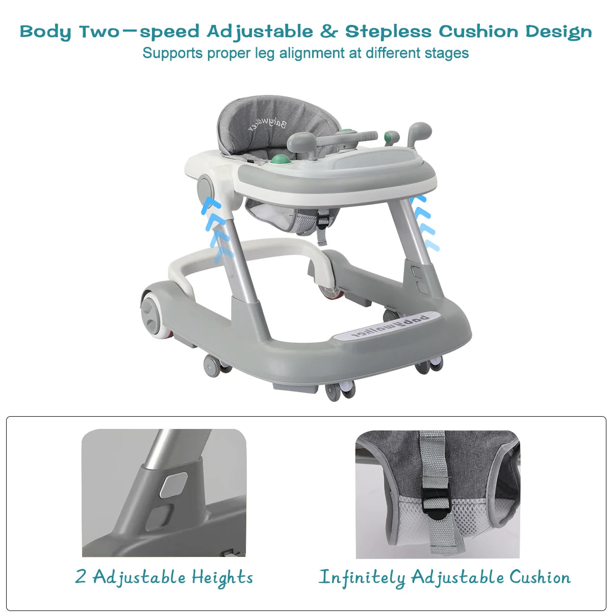 Foldable baby activity walker with feeding tray and music tray by Nova Mart, featuring colorful design and sturdy frame.