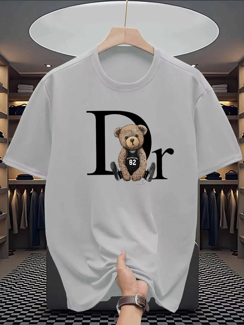 Unisex white cotton T-shirt with cute bear print and summer graphic design, featuring Nova Mart branding.