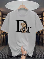 Unisex white cotton T-shirt with cute bear print and summer graphic design, featuring Nova Mart branding.