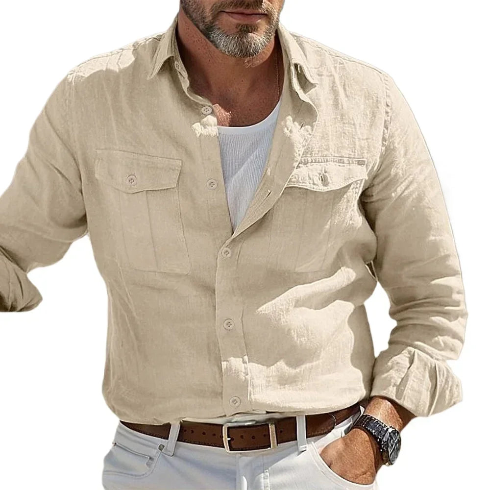 Men's casual cotton linen Hawaiian shirt by Nova Mart, featuring a relaxed fit with tropical print and short sleeves.