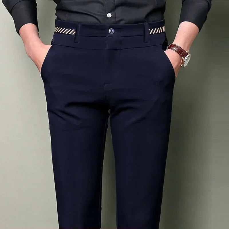 Men's slim fit black suit pants by Nova Mart, formal trousers with a tailored fit, shown on a neutral background.