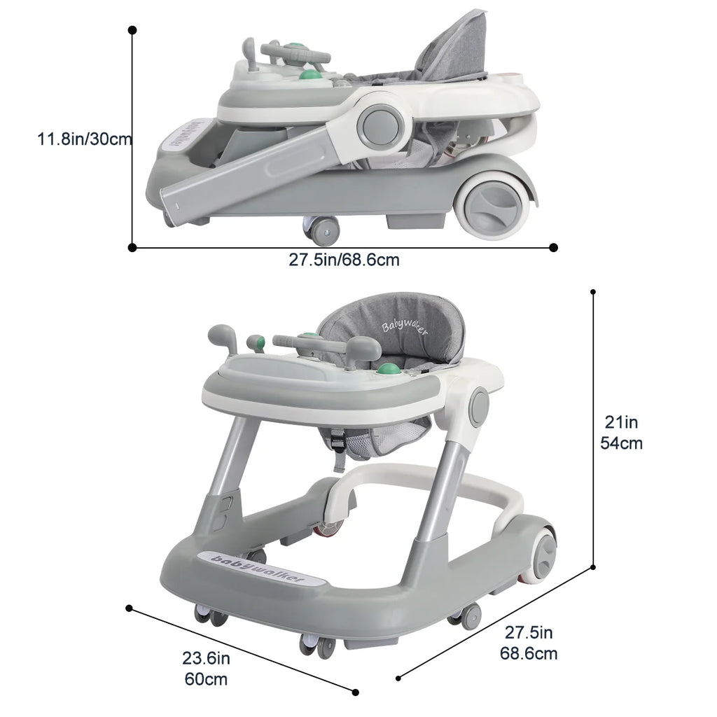 Foldable baby activity walker with feeding and music trays by Nova Mart, showing the walker with trays attached and colorful interior.