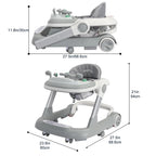 Foldable baby activity walker with feeding and music trays by Nova Mart, showing the walker with trays attached and colorful interior.