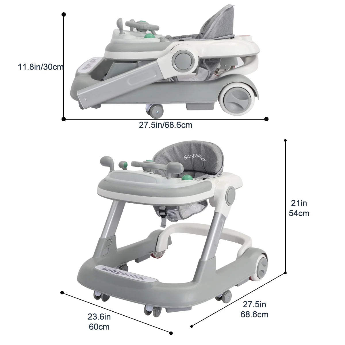 Foldable baby activity walker with feeding and music trays by Nova Mart, showing the walker with trays attached and colorful interior.