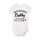 Baby boy birthday romper by Nova Mart, short sleeve summer bodysuit with "Happy Birthday Daddy" print, lightweight and comfortable.