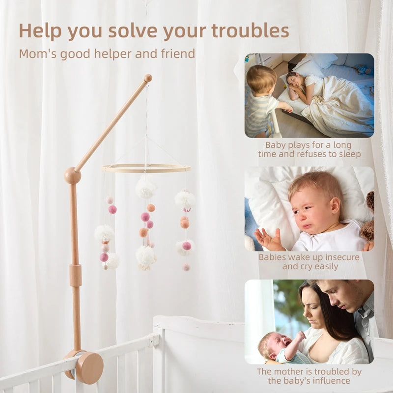 Wooden baby crib rattle toy with crochet bed bell bracket for infants 0-12 months, colorful and safe for newborns.