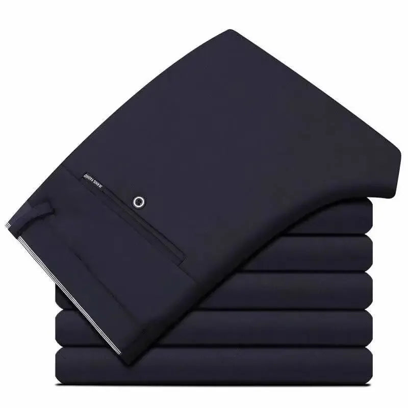 Men's slim fit black suit pants from Nova Mart, formal trousers with a tailored fit and classic design, shown on a hanger.