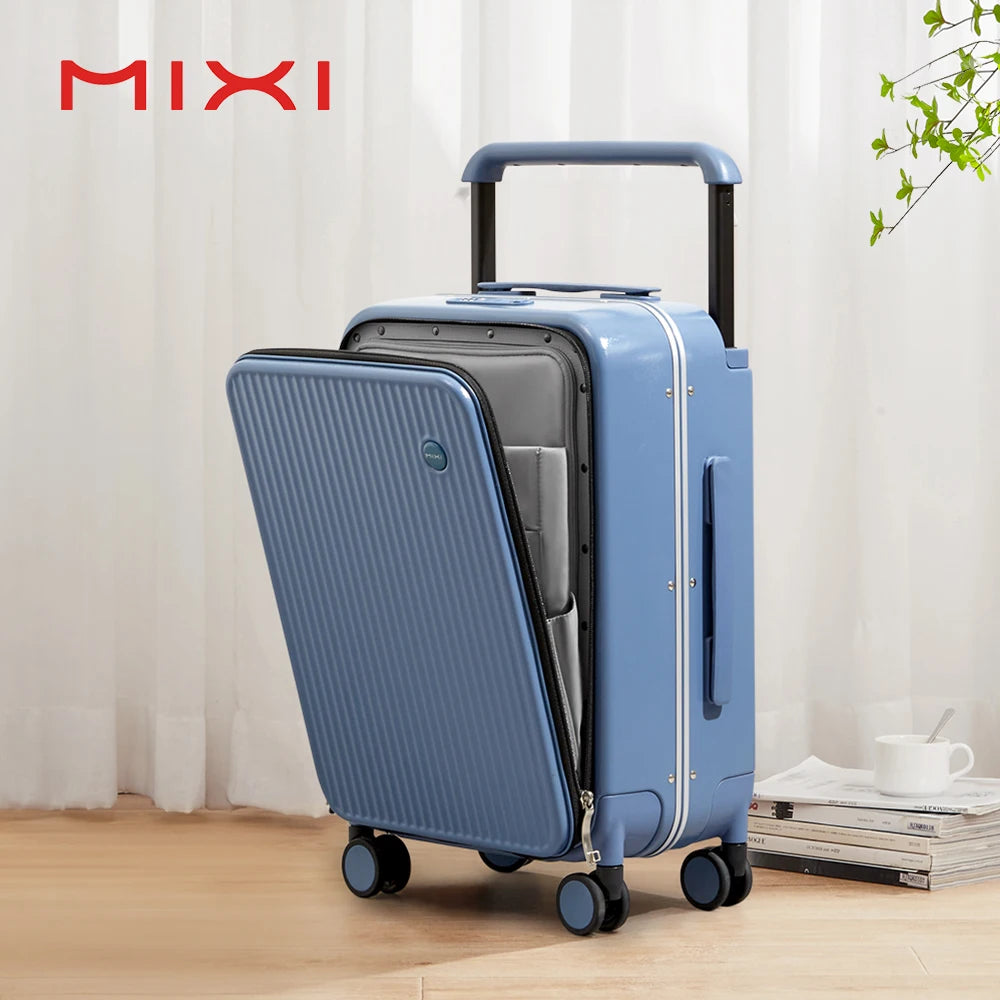 Nova Mart Mixi PC aluminum frame trolley case with laptop pocket, lightweight luggage with sturdy handle and wheels.
