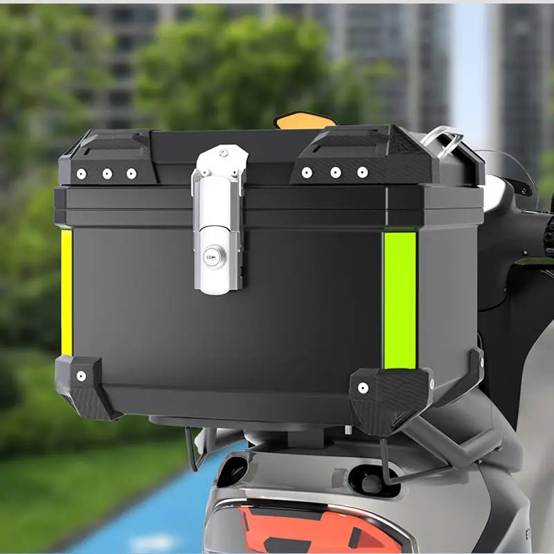 Waterproof motorcycle top case with anti-theft lock by Nova Mart, designed for secure storage on motorcycles.