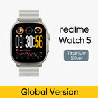 Realme Watch 5 smart watch with 1.97-inch AMOLED display, GPS, and IP68 water resistance, shown on a wrist.