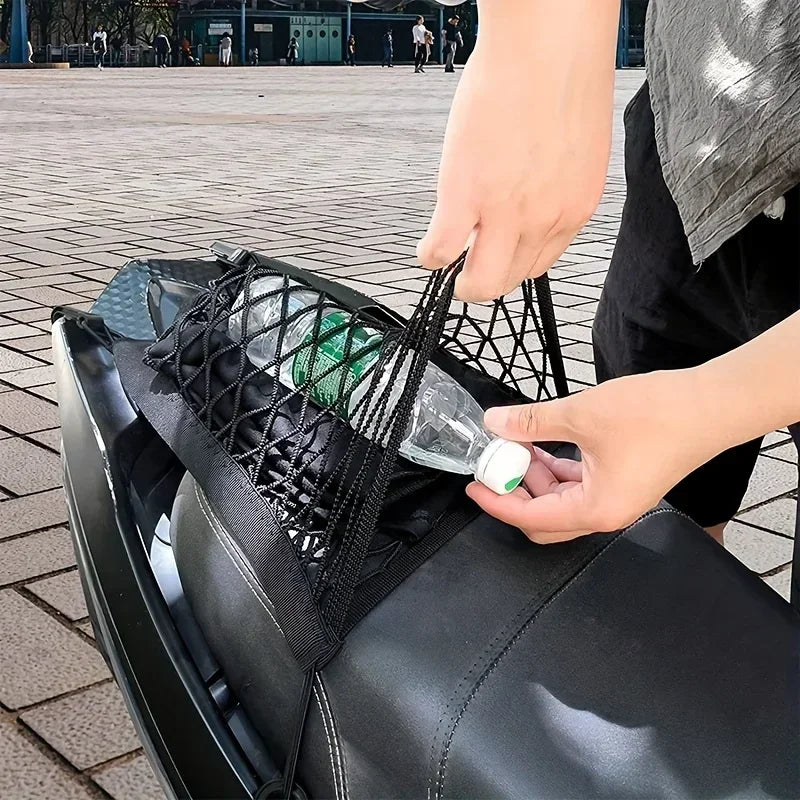 High-elastic double layer motorcycle cargo net with hooks from Nova Mart, designed for secure motorcycle storage and transport.