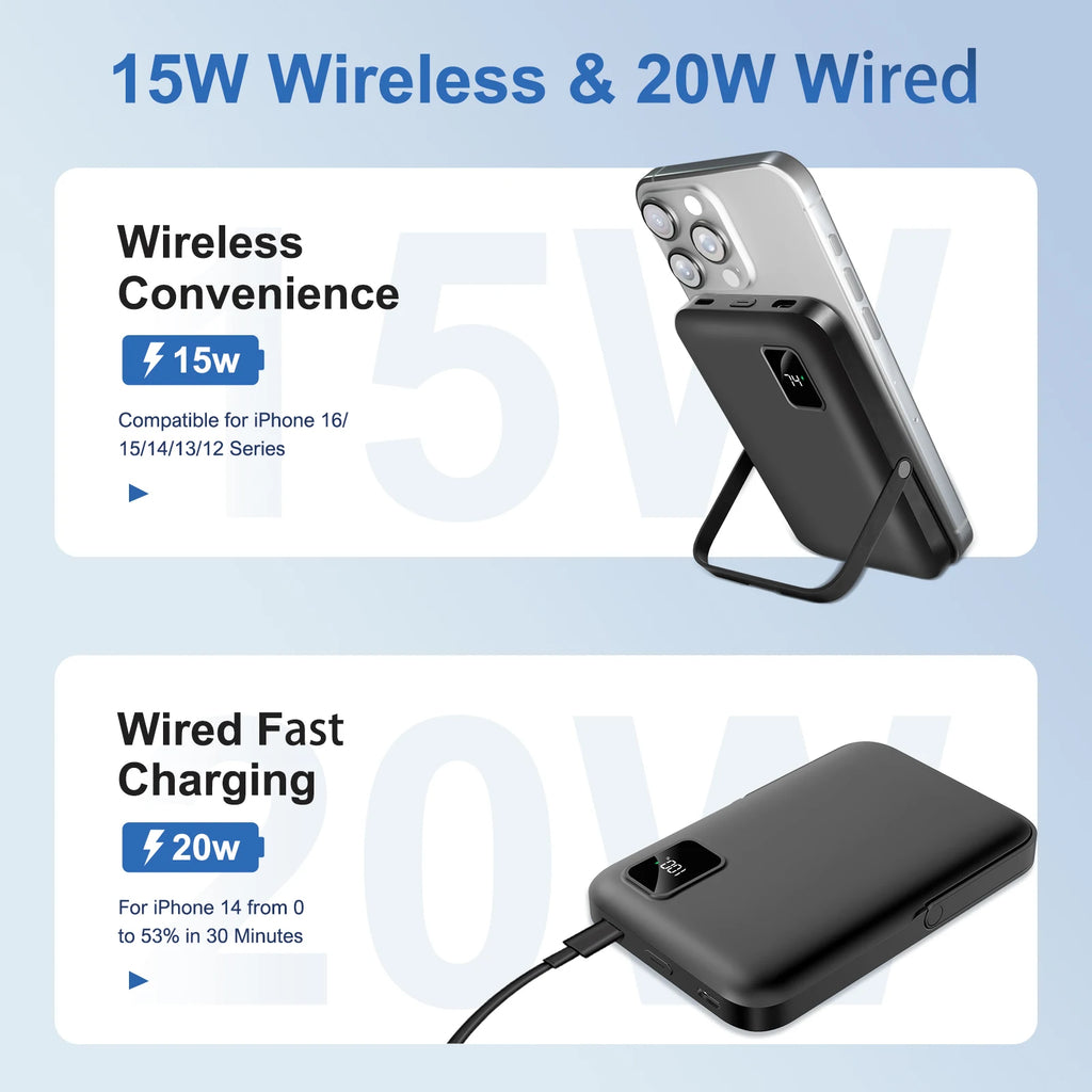 Slim Nova Mart magnetic power bank with 10000mAh capacity, 15W wireless charging, LED display, and sleek design.