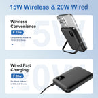 Slim Nova Mart magnetic power bank with 10000mAh capacity, 15W wireless charging, LED display, and sleek design.