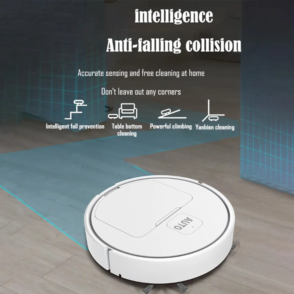 Nova Mart 3-in-1 robotic vacuum cleaner with mop and sweep, showing sleek design and dirt collection bin in action.