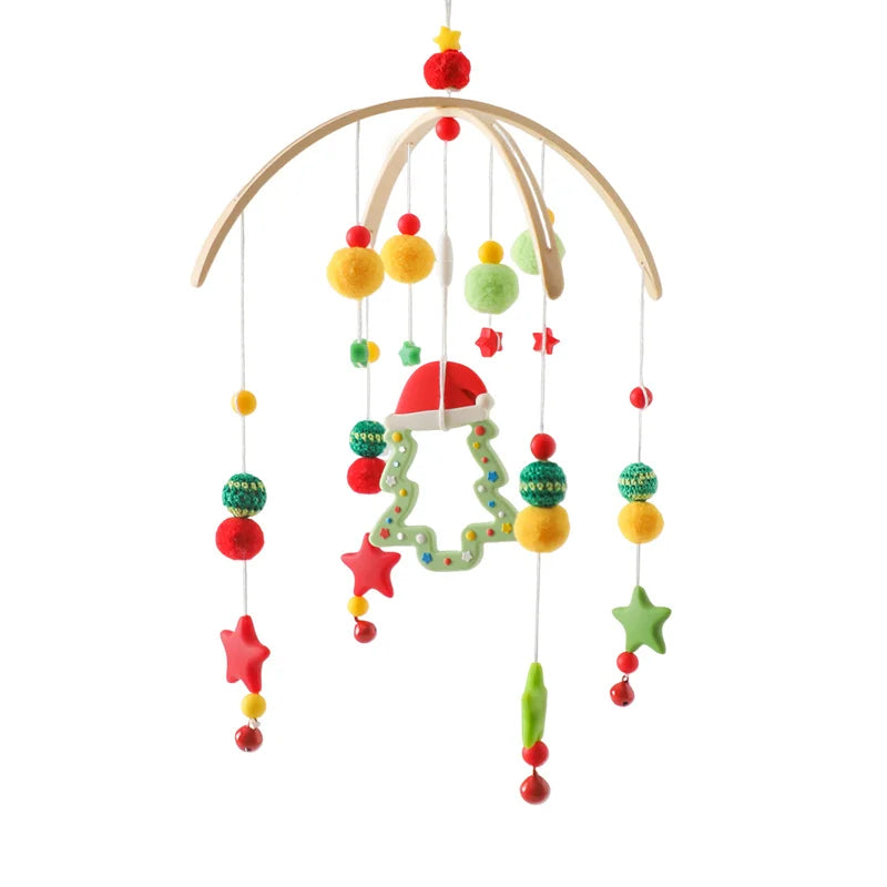 Wooden baby crib mobile by Nova Mart with animal felt dolls and music, featuring hanging wind chime elements for soothing decor.