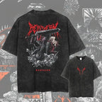 Men's Berserk anime graphic T-shirt by Nova Mart, washed oversized streetwear style with bold anime character print.