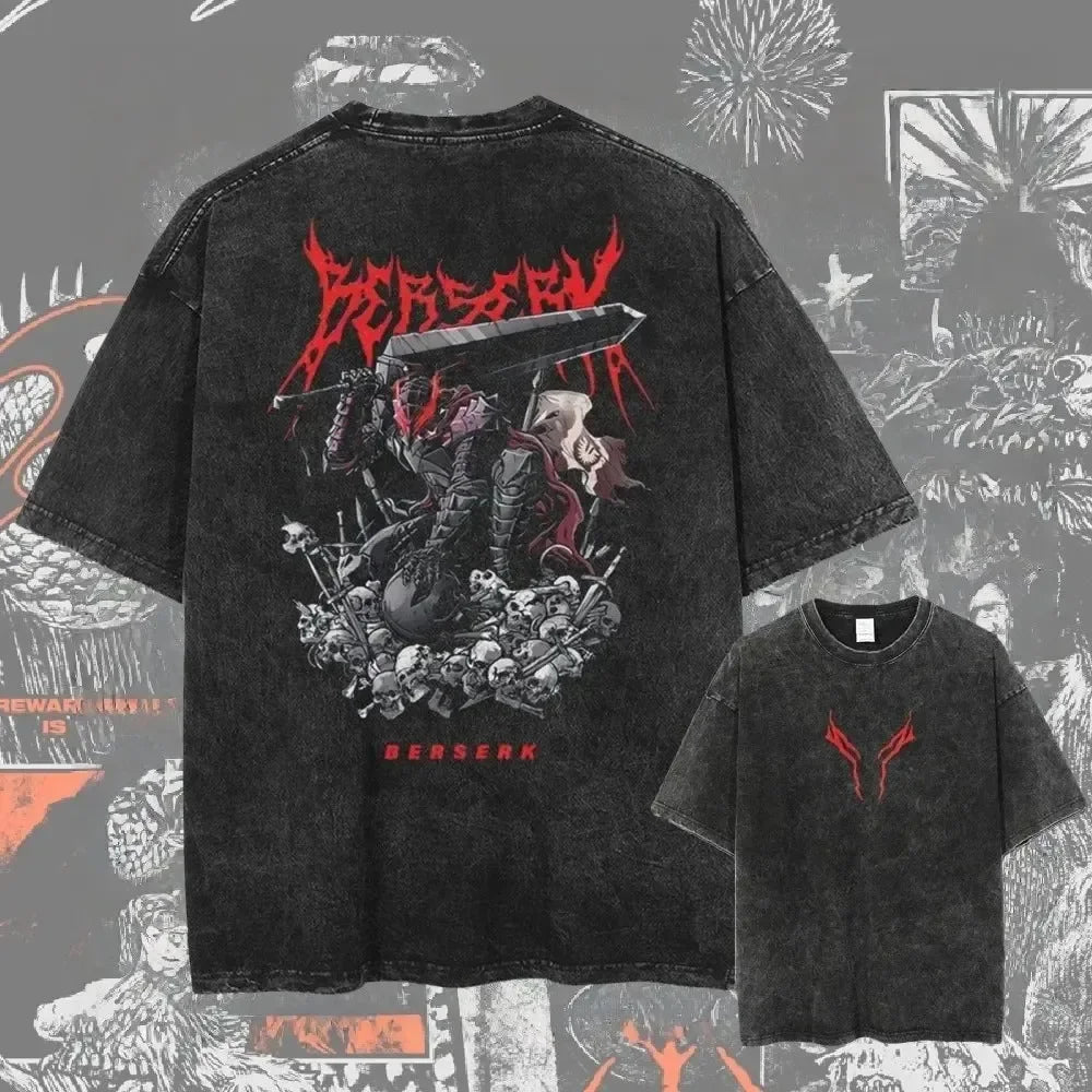 Men's Berserk anime graphic T-shirt by Nova Mart, washed oversized streetwear style with bold anime character print.