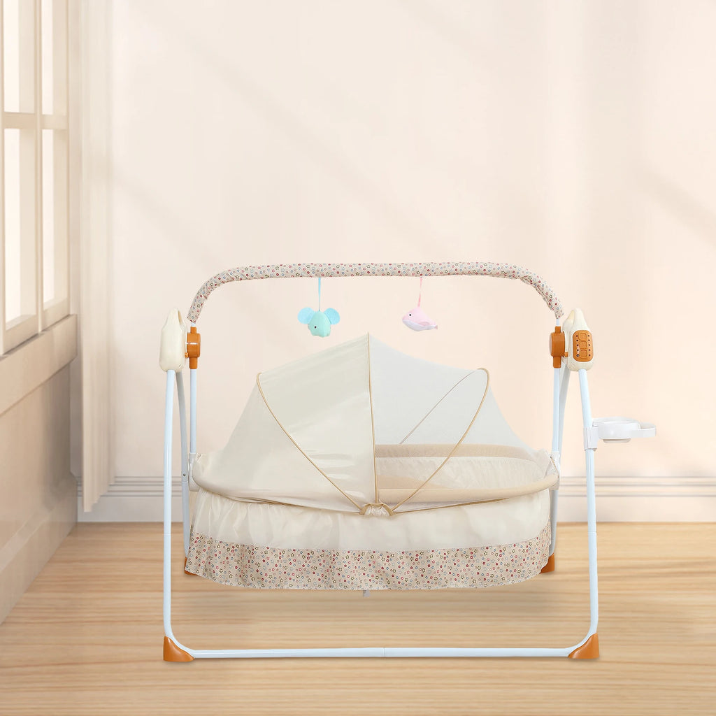 Electric baby cradle with music and remote control from Nova Mart, foldable bassinet for convenient and comfortable baby sleep.