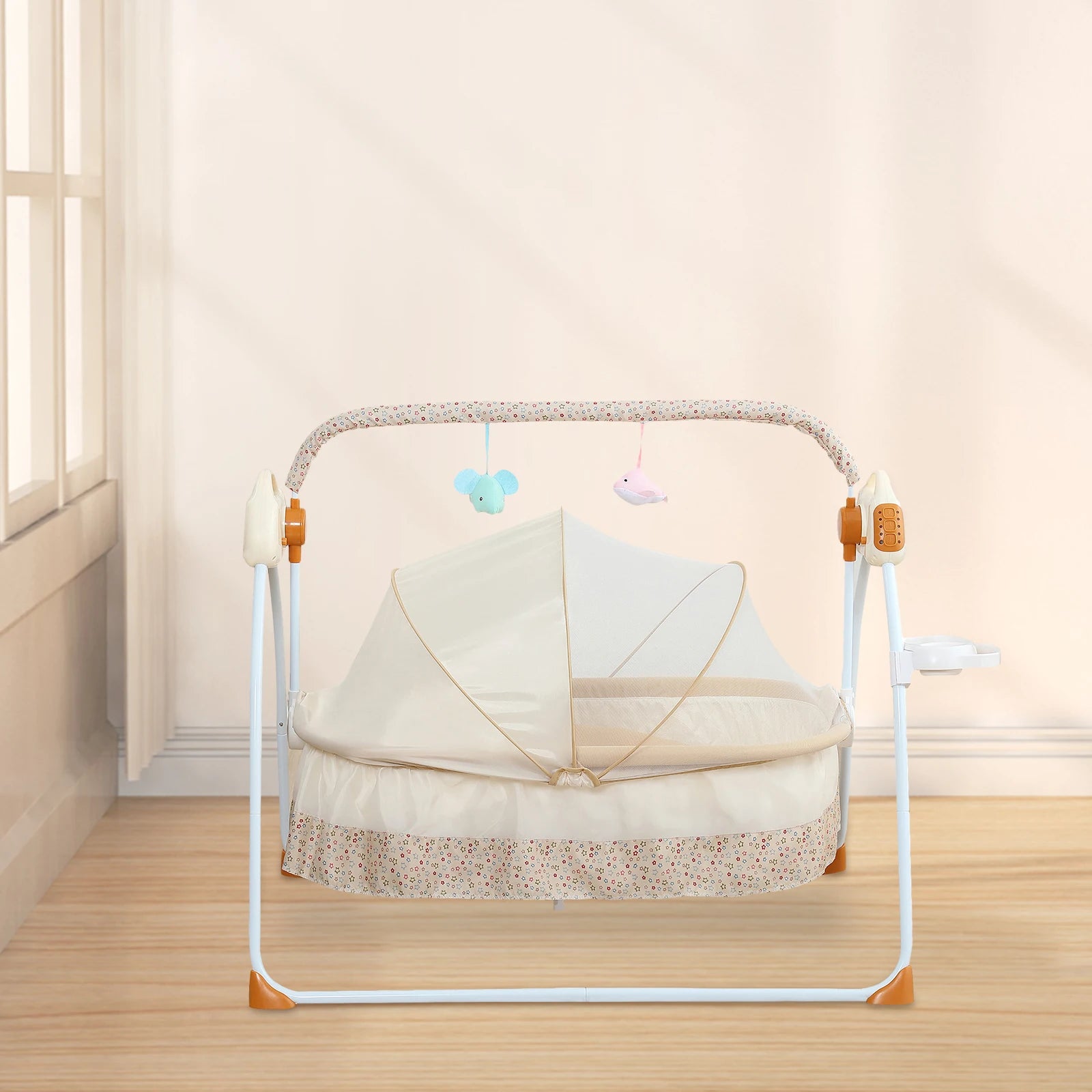 Electric baby cradle with music and remote control from Nova Mart, foldable bassinet for convenient and comfortable baby sleep.