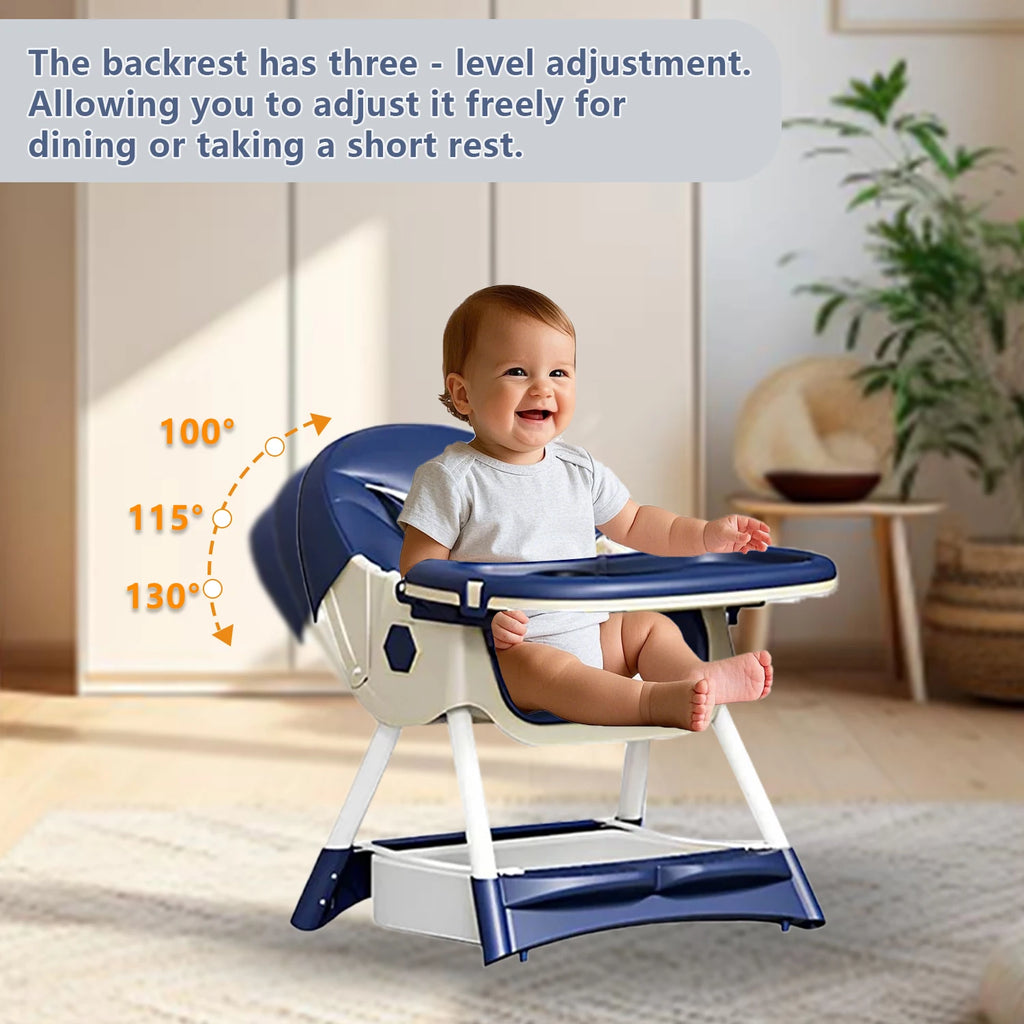 Foldable baby high chair by Nova Mart with 7 adjustable heights, toy rack, and compact design for easy storage.
