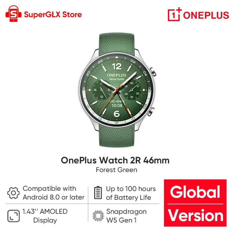 OnePlus Watch 2R smart watch with 1.43-inch AMOLED display, NFC, and 100-hour battery life.