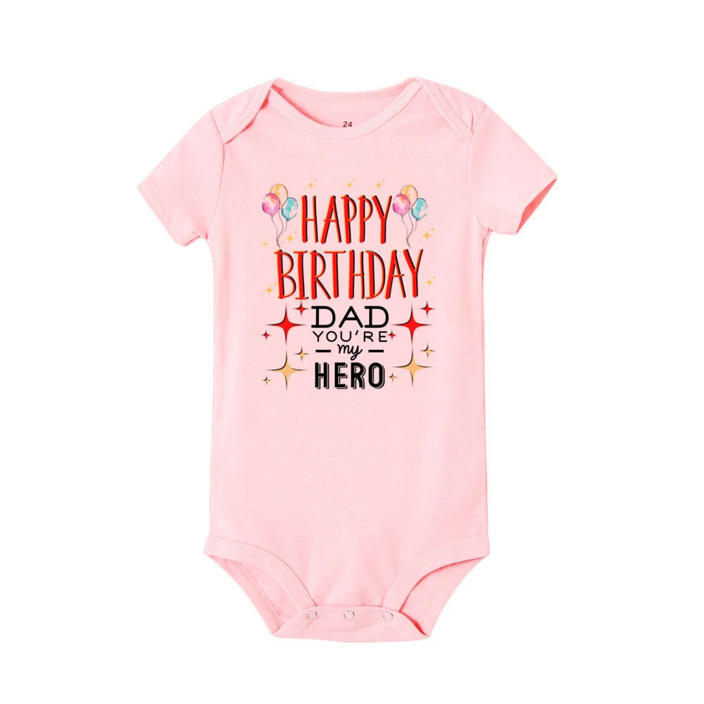 Baby's short sleeve birthday romper by Nova Mart, Happy Birthday Daddy design, adorable summer baby bodysuit for special occasions.