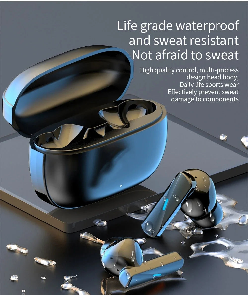 Nova Mart TWS ANC earbuds with HiFi stereo sound, touch control, and 30-hour battery life, shown in black wireless earphones.