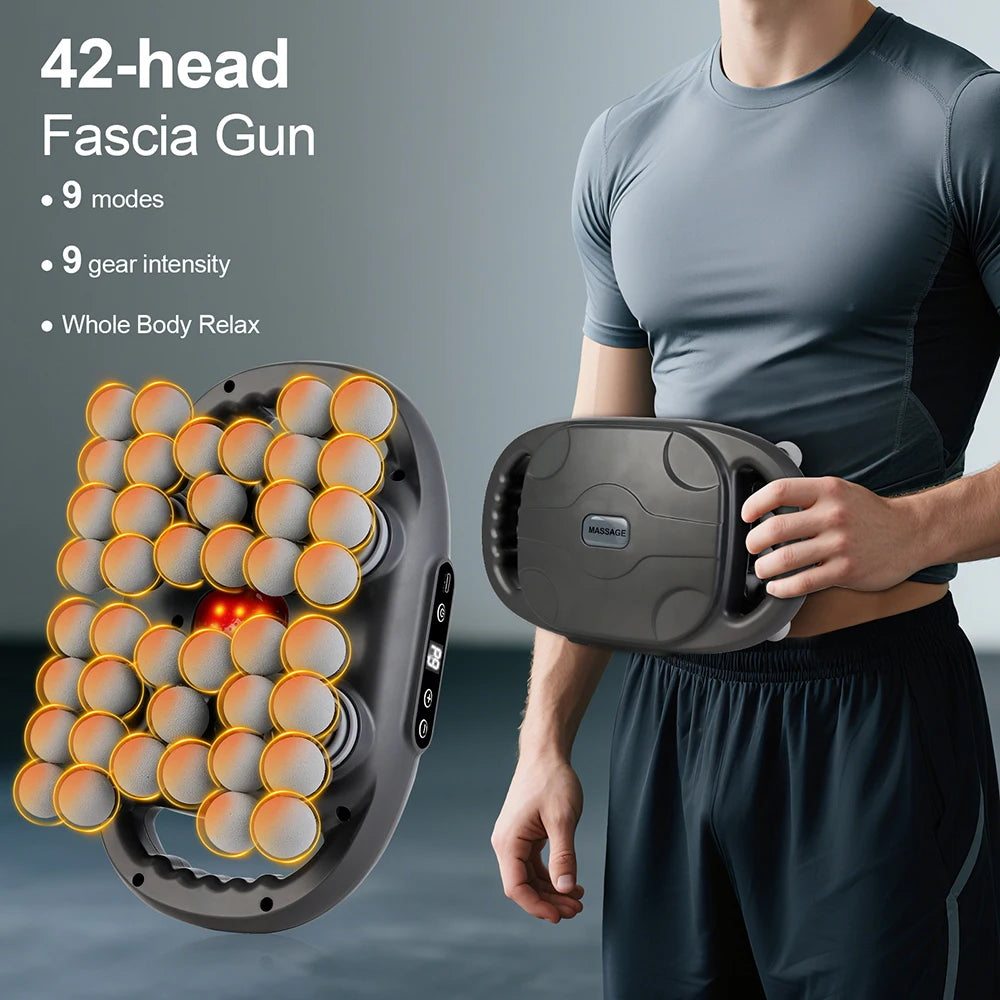 Wireless Nova Mart fascia gun with 42 massage heads, deep tissue body massager for muscle relief and relaxation.